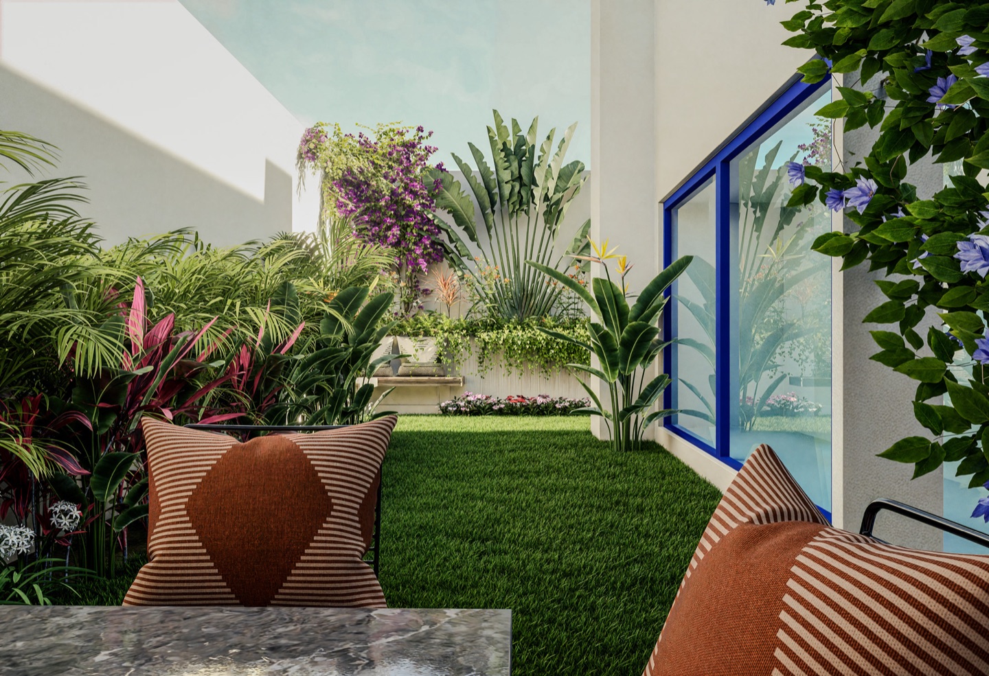 landscape render of Villa Moira, a garden courtyard and pergola